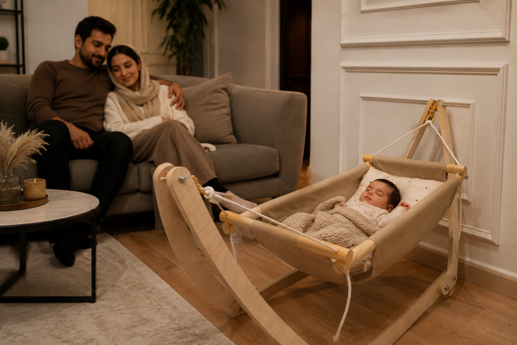 پدر و مادر در حال نگاه کردن به نوزاد خوابیده در گهواره ننویی با فضای آرام و امن